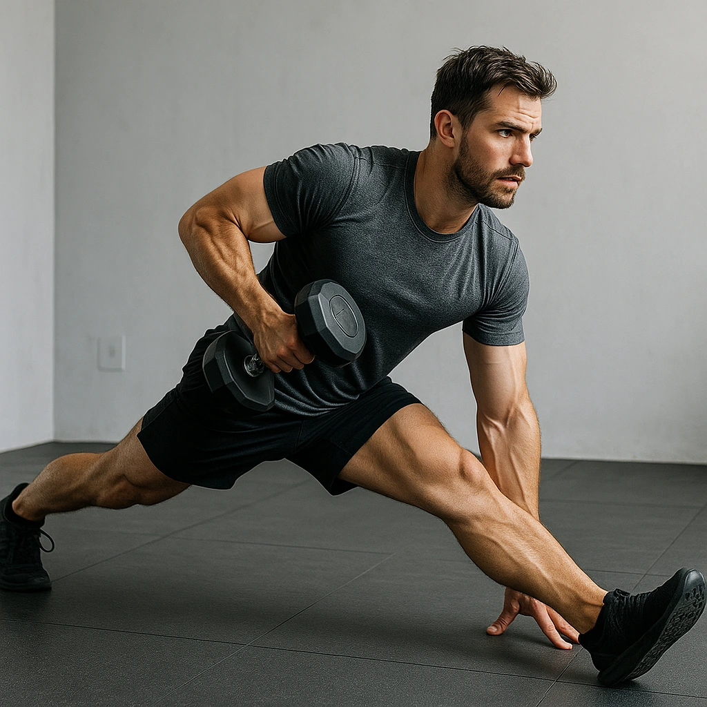 Person performing hybrid workout with weights and stretching